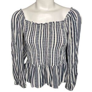 American‎ Eagle Outfitters AEO Blue White Stripe Smocked 3/4 Sleeve Top Medium